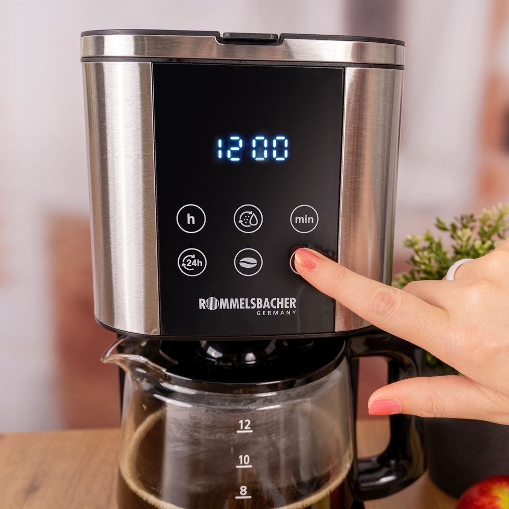 Detalj manöverdisplay Rommelsbacher FKM 1000 Sunny Kaffebryggare med timer Rostfritt
