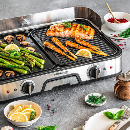 Rommelsbacher BBQ 2025 Bordsgrill med mat på grillytan