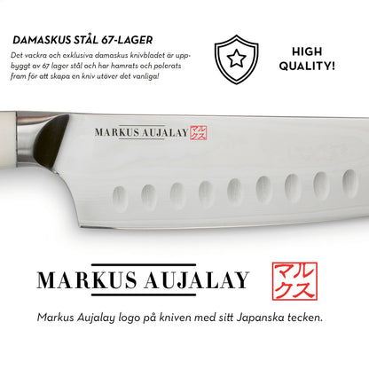 Dekal som förklarar uppbyggnaden med damaskus stål 67 lager