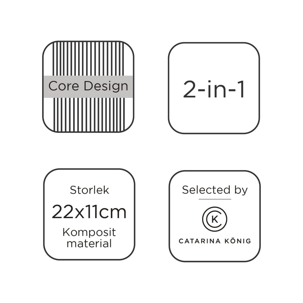 Master Core produktinformation: Core Design, 2-in-1, 22 × 11 cm och kompositmaterial