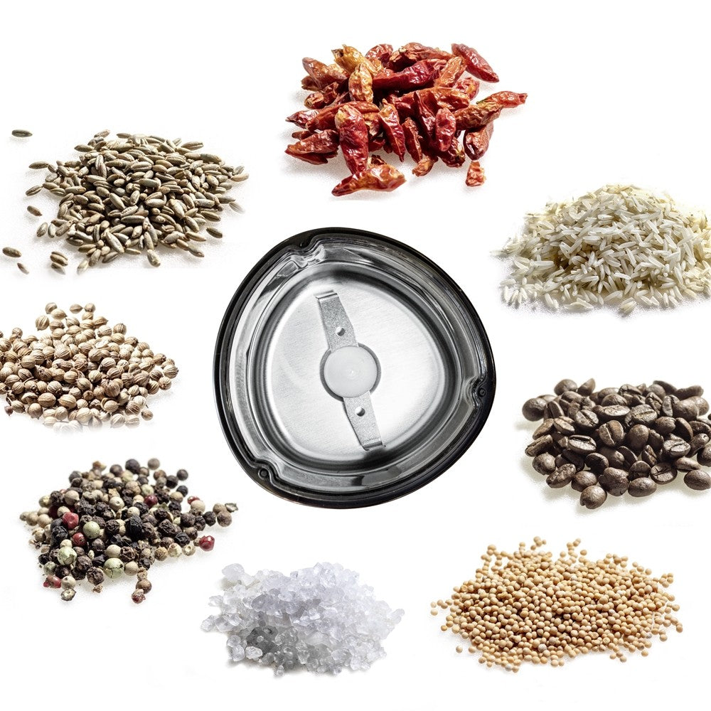 Rommelsbacher EKM 100 Krydd & Kaffekvarn rostfritt stål med exempel på olika kryddor och sädesslag