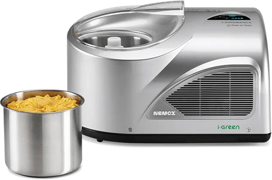 Nemox Gelato NXT1 I-Green Glassmaskin Silver med ös beredningsbunke vid sidan