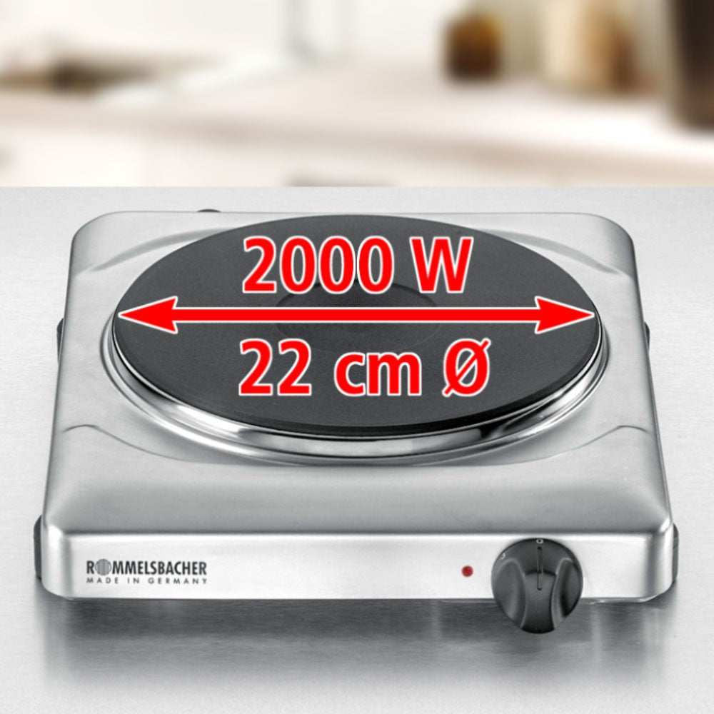 Rommelsbacher THS 2022/E Enkel kokplatta rostfritt stål produktbild med effekt 2000W och diameter på kokplattan 22 cm