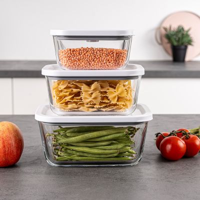 3-pack vakuumglasbehållare i borosilikatglas med linser, pasta och gröna bönor
